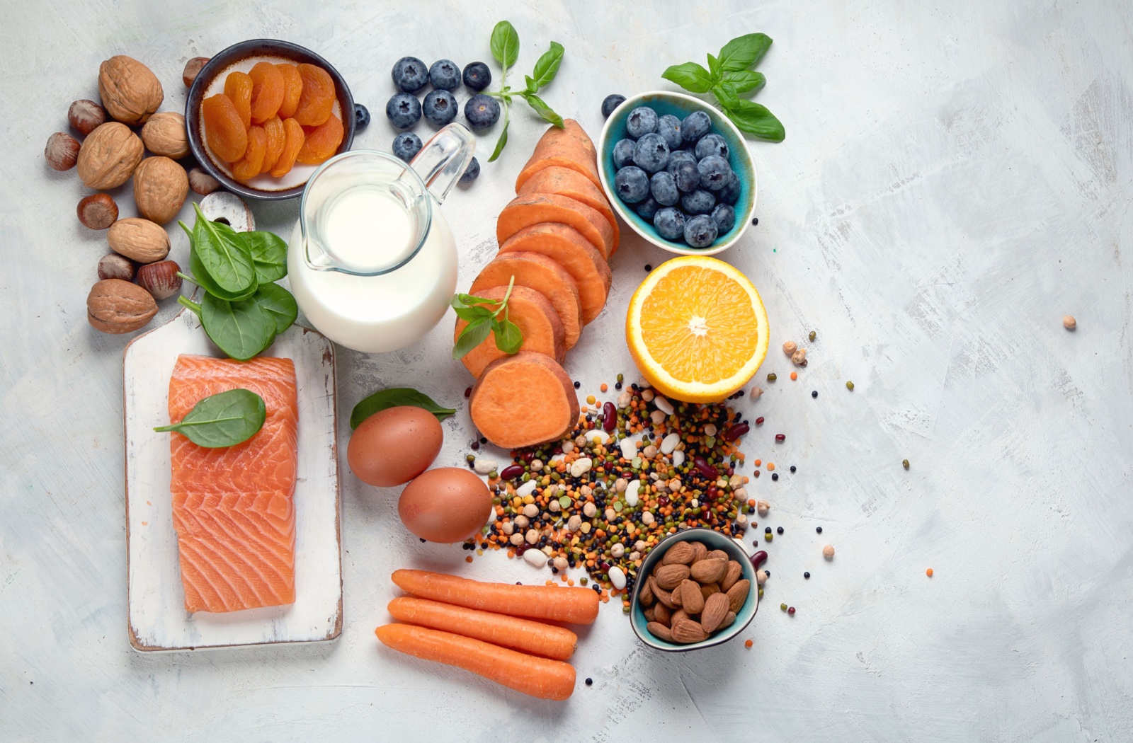 A table spread of food that is healthy for your eyes.