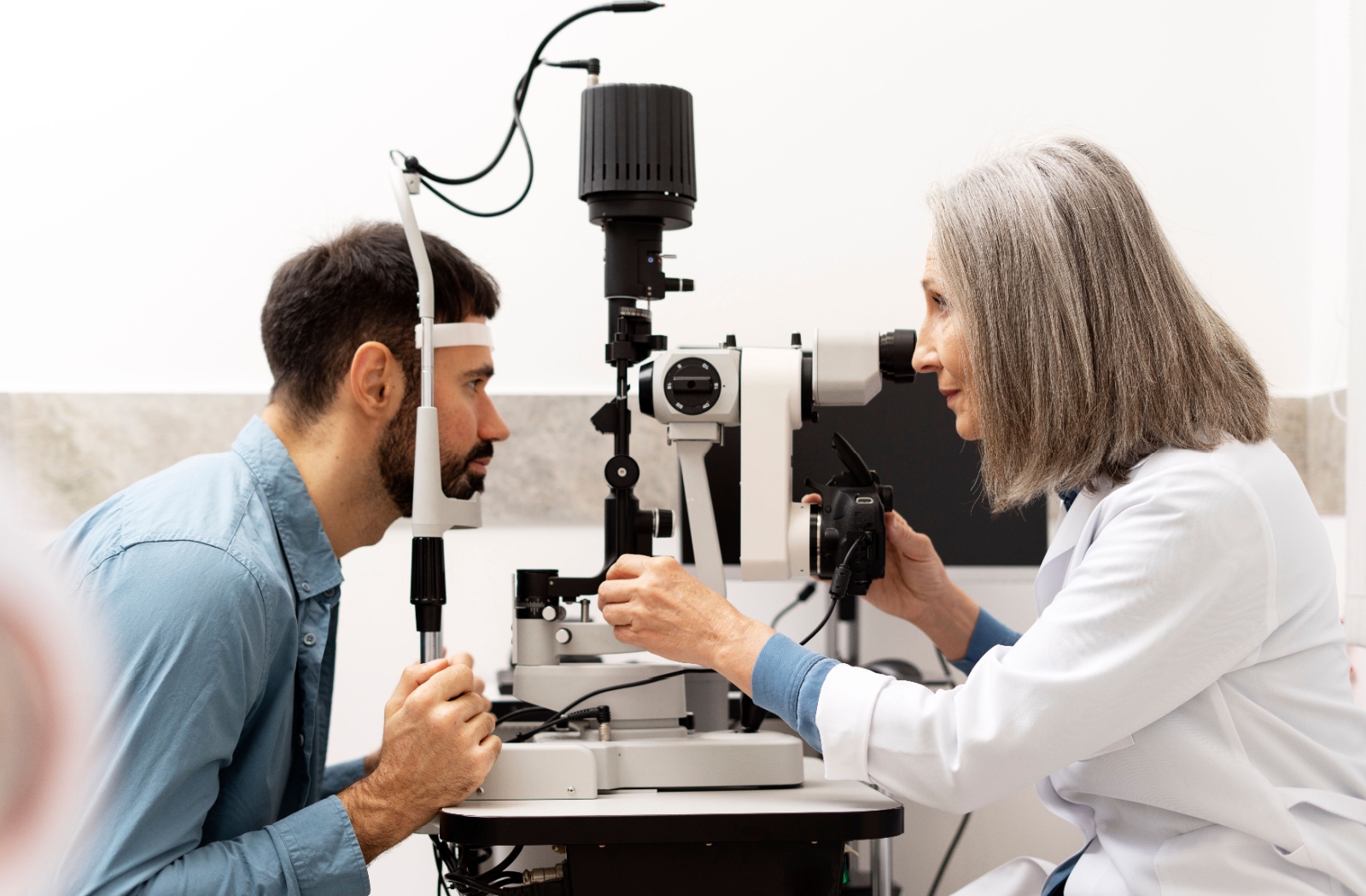 Profile view of optometrist performing eye exam using diagnostic tool on patient.
